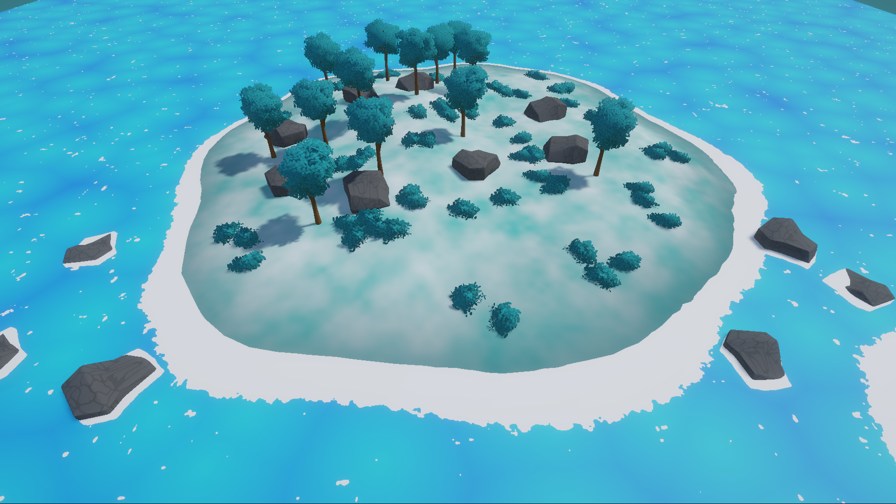 Preview image of the stylized water, terrain, rocks, and foliage asset pack